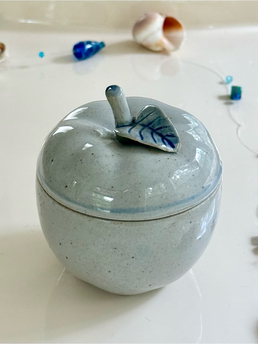 Pottery Apple Trinket Box in Speckled with Blue Leaf